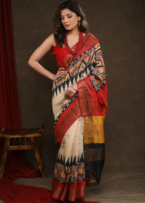 Red And Cream Colour Design Cotton Linen Saree With Awesome Print